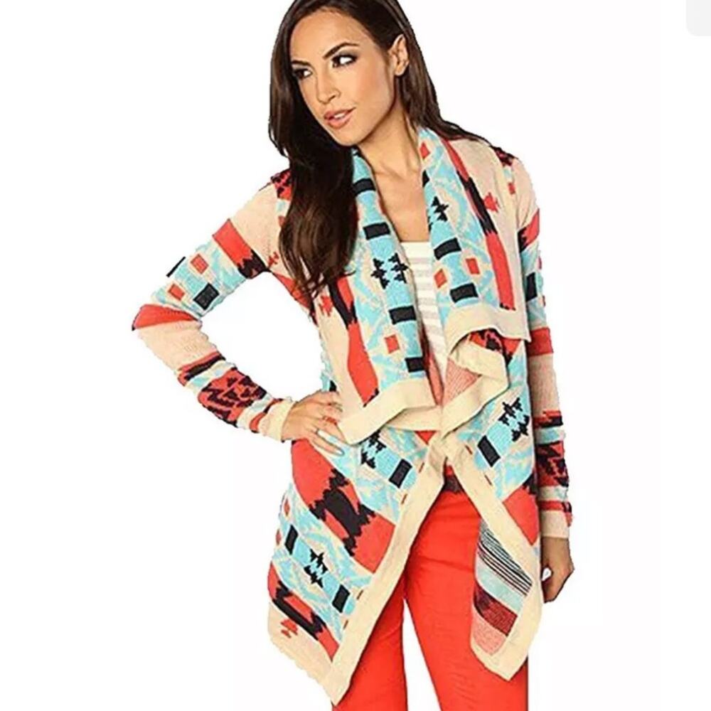 Moon Collection The Bonfire‎ Knit Aztec Multicolor Asymmetrical Open Cardigan S
